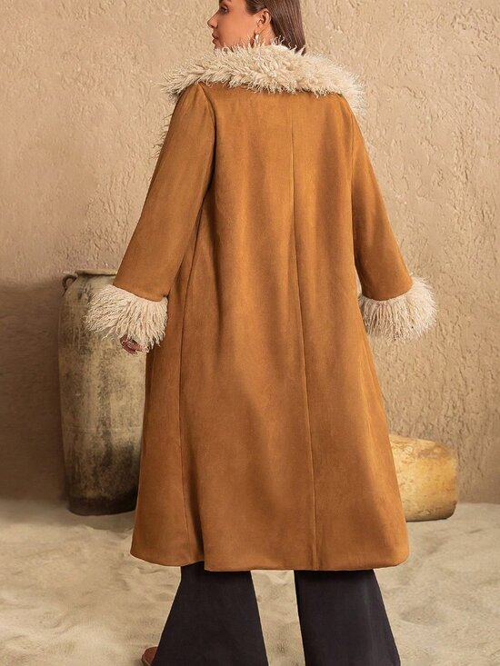 Brown Casual Women's Bohemian Plus Size Warm & Soft Fuzzy Jacket - Picture 2 of 8